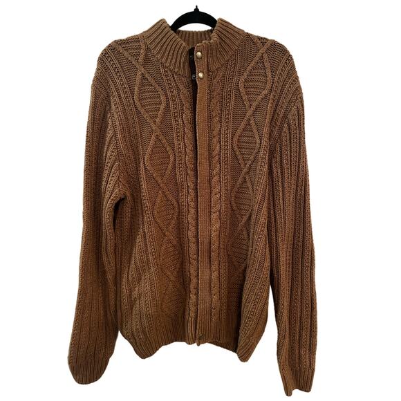 Tasso Elba Other - Tasso Elba brown wool blend cable knit full zip cardigan faux leather trim Sz L